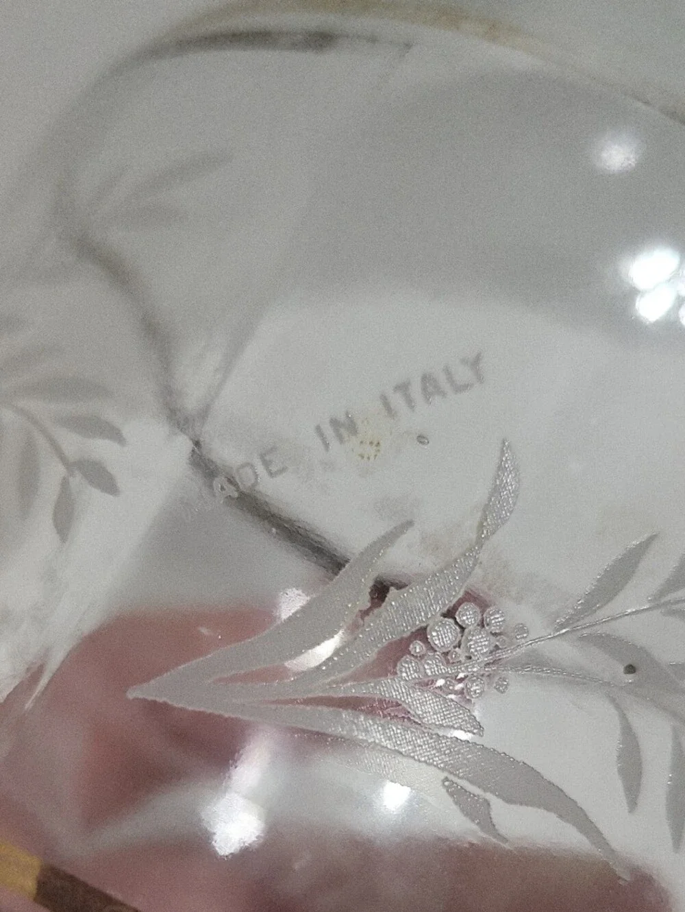 Clear Glass Decanter with Gold Accent and Leaf Etching.